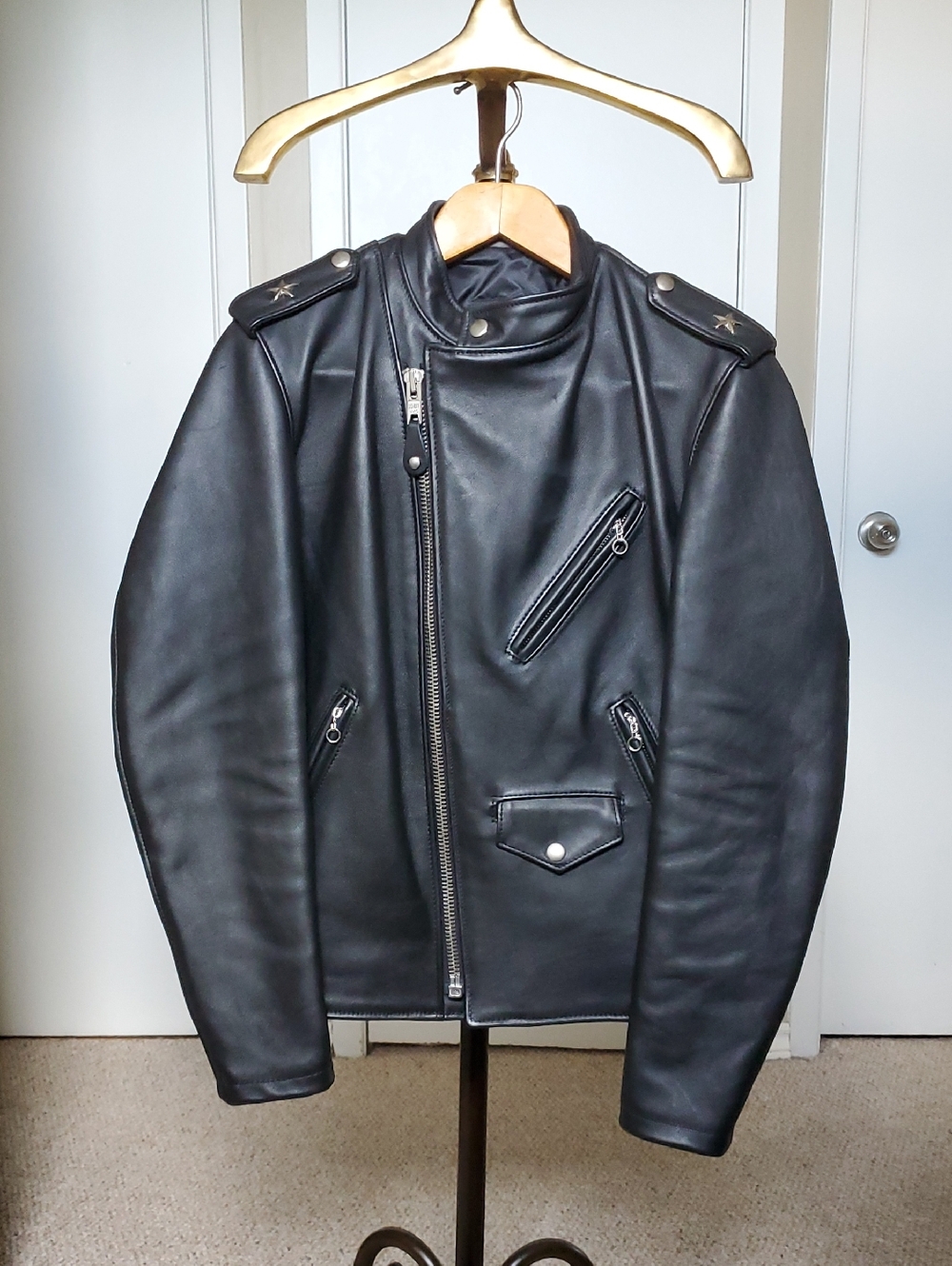 Scott Black Leather Bomber Jacket with Epaulets